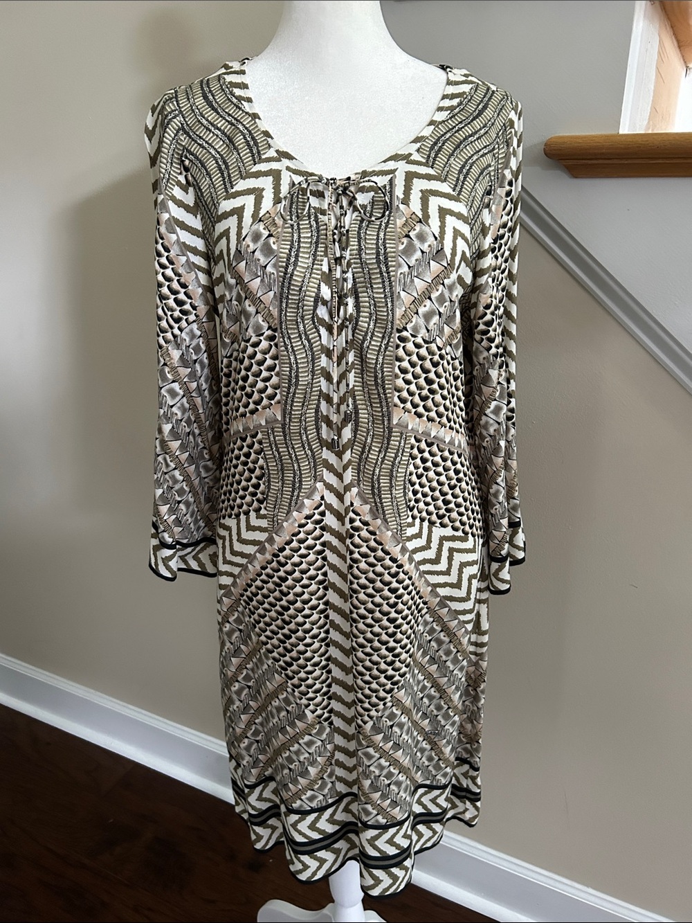 Hale Bob Green, taupe, and Cream Midi Dress. Lace up front. Viscose. Size S